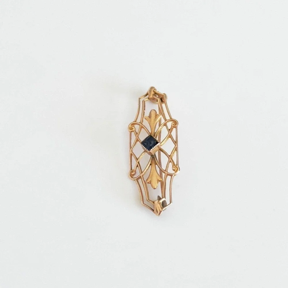 Vintage 10K Yellow Gold Blue Stone Small Brooch Pin